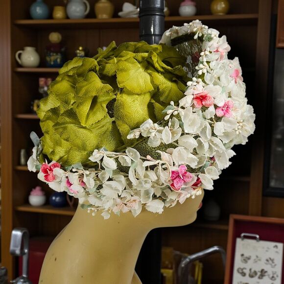 Vintage Sears Millinery Floral Hat w/ Original Box 1950s Green & White Spring main image 10